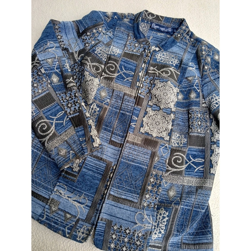 Susan Graver Tapestry Jacket‎ Womens L Blue Patchwork Art Zip Mandarin Collar